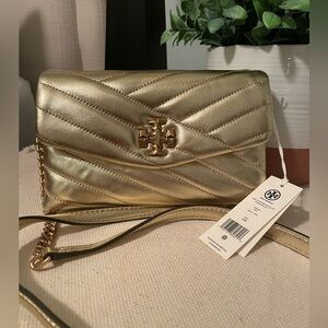 Tory Burch Kira chevron gold metallic chain wallet